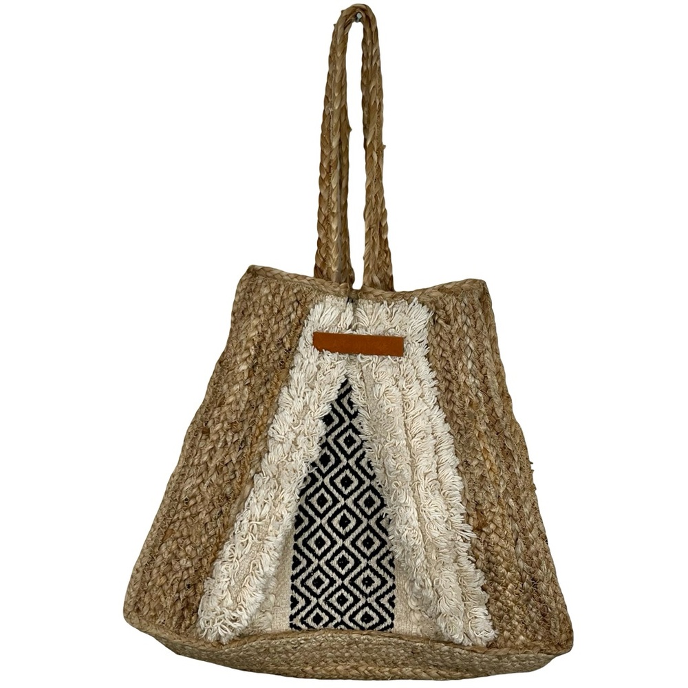Artisanal Tan and Black Tote Bag with Natural Fiber